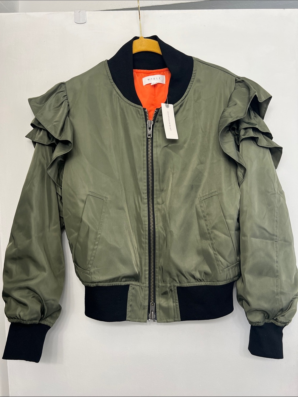 MABLE Anthropology Olive Bomber Jacket with Black Trim and Orange Lining Jacket - Picture 6 of 10